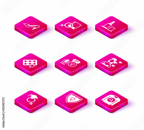 Set Teacher, Gender shield, Female, Packaging of birth control pills, Microphone, Feminist shirt, Love yourself, Lipstick and Book about women icon. Vector