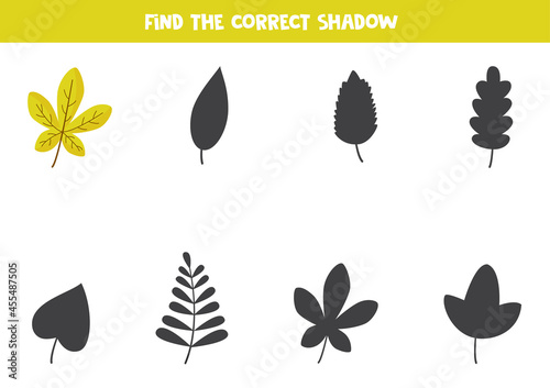 Find the correct shadow of cute autumn leaf. Logical puzzle for kids.