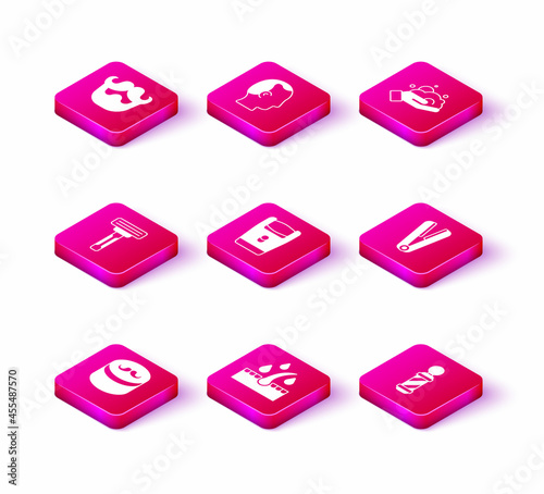 Set Gel or wax for hair styling, Oil care treatment, Shaving razor, Electric blade, Classic Barber shop pole, Curling iron, foam hand and Baldness icon. Vector