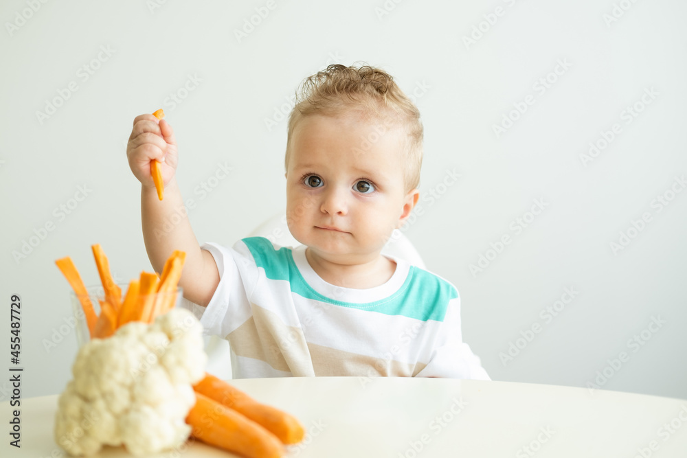 Baby boy sitting in a Childs chair eating carrot slices on white background. Baby boy sitting in a Childs chair eating carrot slices on white background.