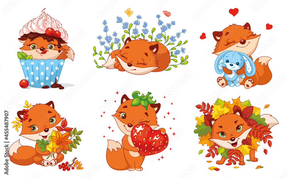 Obraz premium Little fox set. Cartoon vector illustration