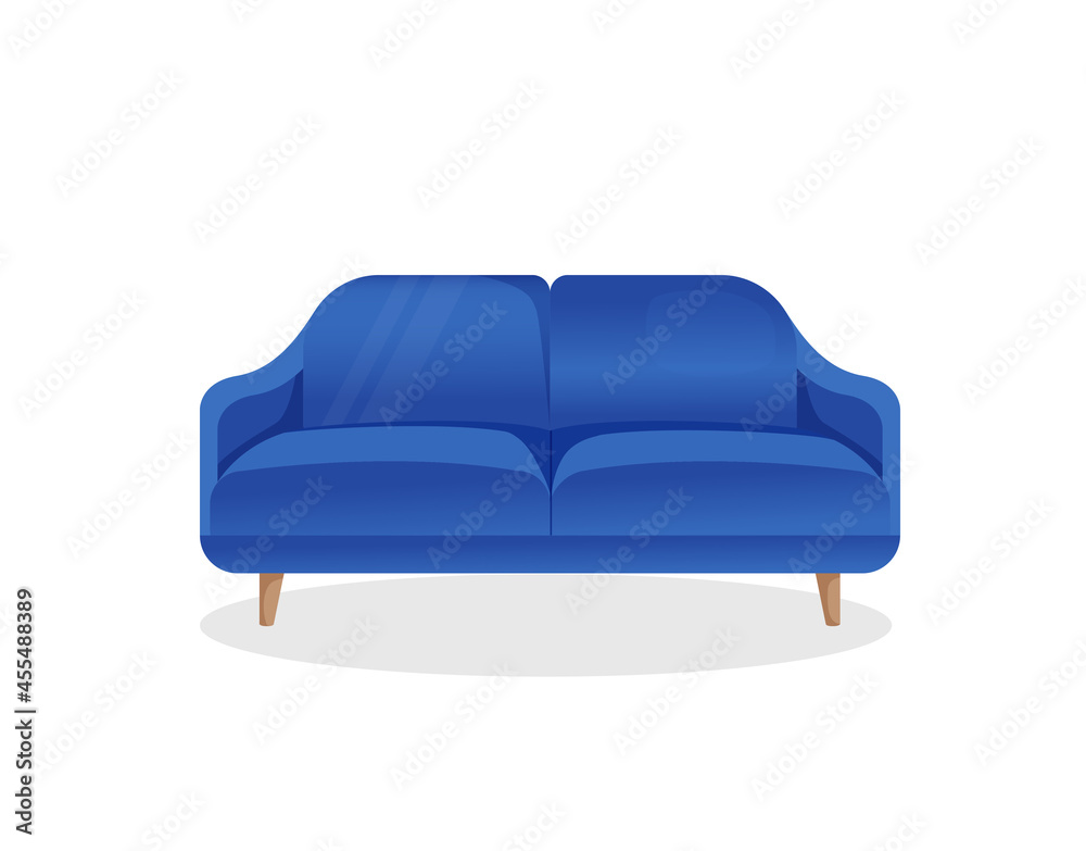 Comfortable luxury blue sofa on an isolated white background. Vector illustration of a stylish home couch for interior design. Modern furniture. Icon, element. Comfortable luxury blue sofa on an isolated white background. Vector illustration of a stylish home couch for interior design. Modern furniture. Icon, element.