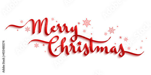 MERRY CHRISTMAS red vector brush calligraphy banner with snowflakes and swashes on white background