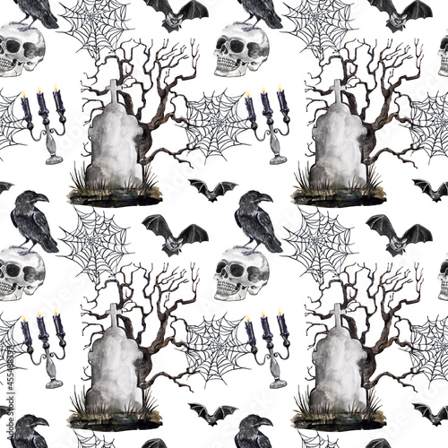 Vintage style Halloween print. Goth seamless paper with watercolor skull, raven, tombstone, dead tree, candles on white background. Dark spooky print. © Anna Nekotangerine