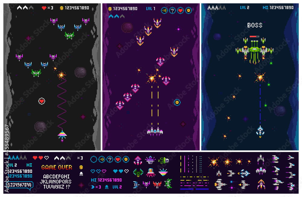 Pixel Art 8 bit space arcade level creator elements with font alphabet for retro video game. Ufo aliens, space ships, rockets. Vintage 8 bit computer gameplay. Cartoon Space shooter template