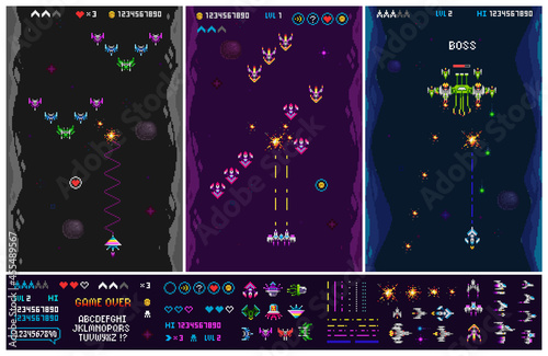 Pixel Art 8 bit space arcade level creator elements with font alphabet for retro video game. Ufo aliens, space ships, rockets. Vintage 8 bit computer gameplay. Cartoon Space shooter template