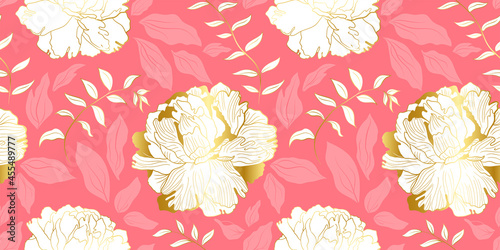 White golden peones and pink leaves seamless pattern