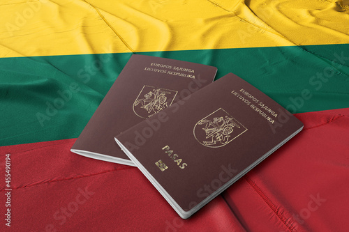 lituanien passport on its flag, top shot, the passport is the citizenship of citizens
