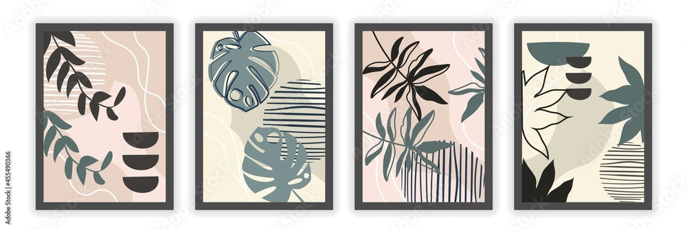 Set of posters with tropical leaves. Collection of covers with plant, line and contour. Design element for social networks and wall decoration. Modern flat vector collage isolated on white background Set of posters with tropical leaves. Collection of covers with plant, line and contour. Design element for social networks and wall decoration. Modern flat vector collage isolated on white background