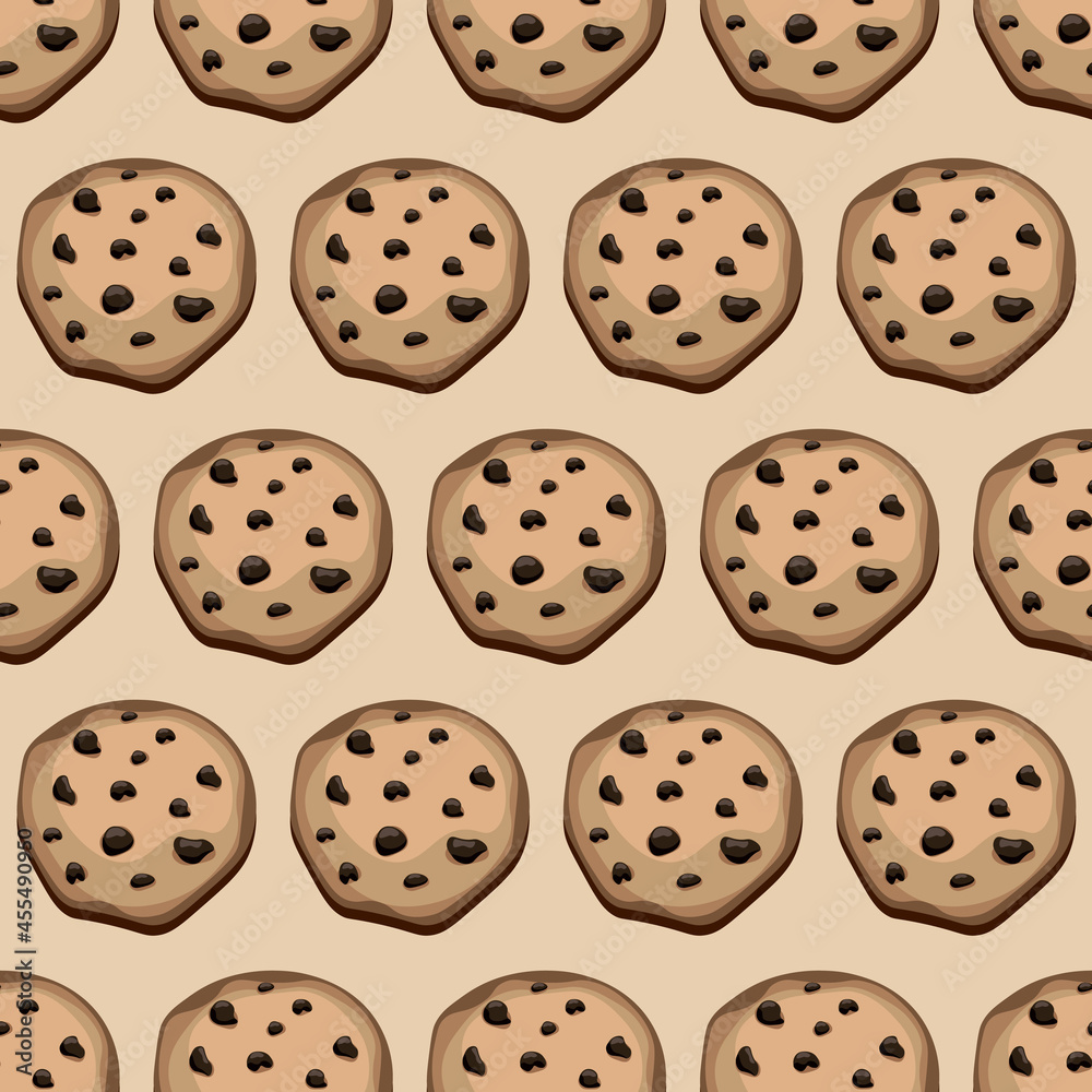 Vector illustration of a cute seamless pattern, background with chocolate cookies. The icon of a freshly baked chocolate cookie. Packaging paper. The pattern.