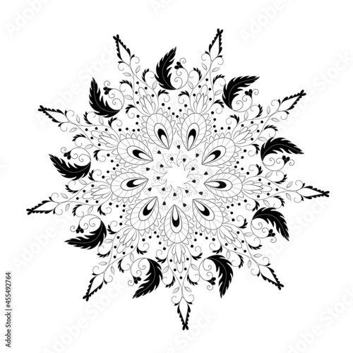 Round mandala flower ornament. Isolated outline vector illustration of oriental pattern. Indian symbol for meditation and prayer. Coloring page. Design for fabric, card, template, print.