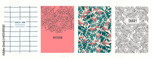 Cover page templates based on patterns with hand drawn ashberry branches and gridline. Backgrounds for notebooks, notepads, diaries. Headers isolated and replaceable