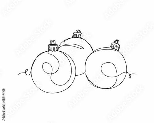 Continuous one line drawing of three christmas decoration ball icon in silhouette on a white background. Linear stylized.