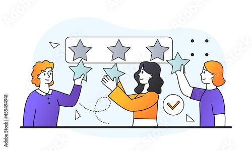 People holding stars. Group of people votes, puts rating on a threepoint system. Employees decorate office. Girls hang up ribbon. Cartoon flat vector illustration isolated on white background photo