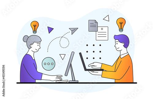People texting on laptops. Man and woman communicate via Internet, online correspondence. Social media, technological development. Cartoon flat vector illustrations isolated on white background