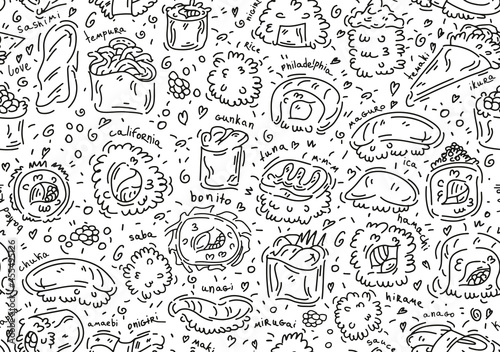 Sushi rolls vecto seamless pattern, seafood illustration: philadelphia, maki and nigiri, yummi japanese food with salmon and shrimp, cute doodle art for sushi bar, cafe and delivery, asian cuisine photo