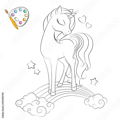 Art. Coloring page. Hand drawn illustration of cute little unicorn .Fashion illustration drawing in modern style. Silhouette. Colorbook. Isolated .Children background. Magic pony. Sketch animals.
