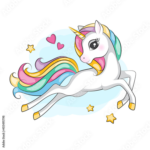 Beautiful illustration of cute flying magical unicorn with mane rainbow colors. Hand drawn picture for your design.
