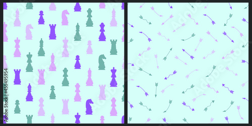 Set of vector patterns. Delicate abstract illustration, chess pieces and arrows in pastel purple tones on a light blue isolated background. Geometric figures. 