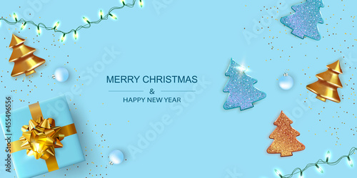 Christmas composition with realistic gift boxes, Christmas decoration. Blue Holiday's Background