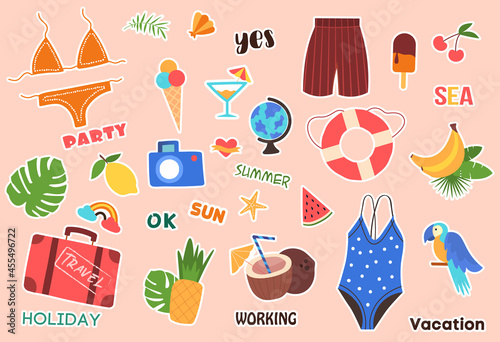 Summer stickers and posters. Pictures with accessories for good holiday  items related to hot season. Swimsuit  suitcase  lemon  pineapple  parrot. Vector illustrations isolated on pink backdrop