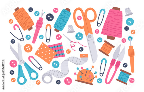 Needlework, sewing and stitching doodle supplies. Doodle buttons, scissors, needles and thread spools, sewing tools cartoon vector illustration icons set