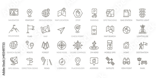 Navigation, location, GPS elements - thin line web icon set