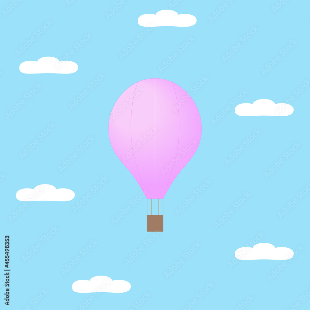 Pink air balloon with white clouds and blue sky. Beautiful cartoon vector illustration. For postcard, greeting card, book, poster, placard