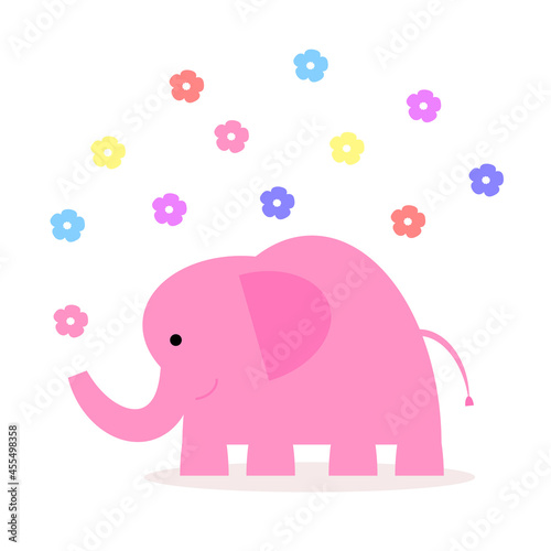 Cute smiling elephant tossing up bright colored flowers on white background. Pretty vector illustration. For greeting card, poster, banner, packaging, phone case