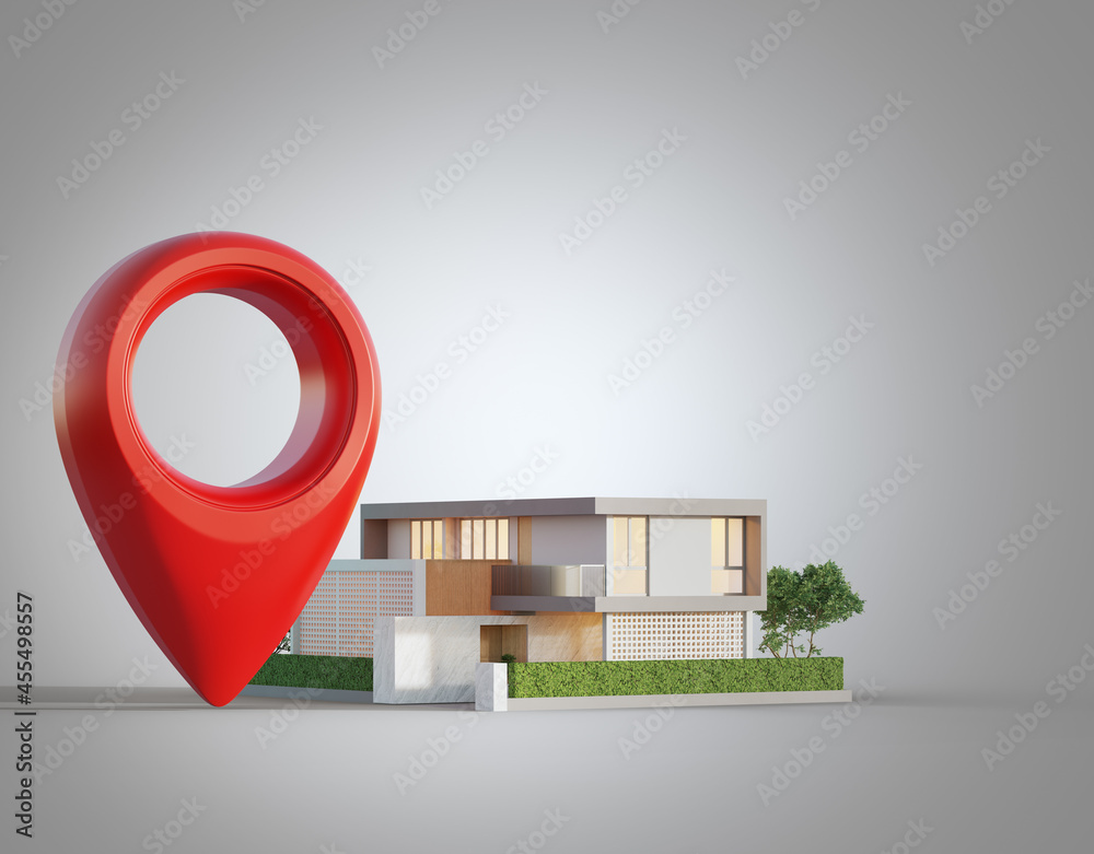 Modern house with location pin icon on white background in real estate sale  or property investment
