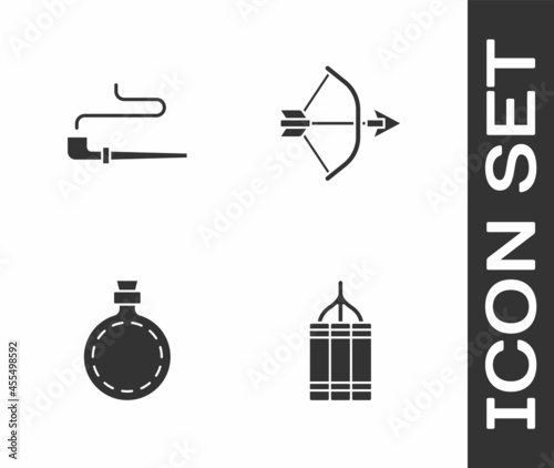 Set Dynamite bomb, Smoking pipe, Canteen water bottle and Bow and arrow quiver icon. Vector