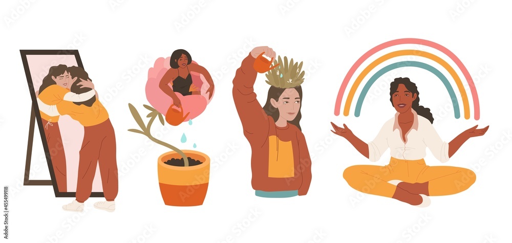 Cartoon flat self care concept. Mental health, psychology vector