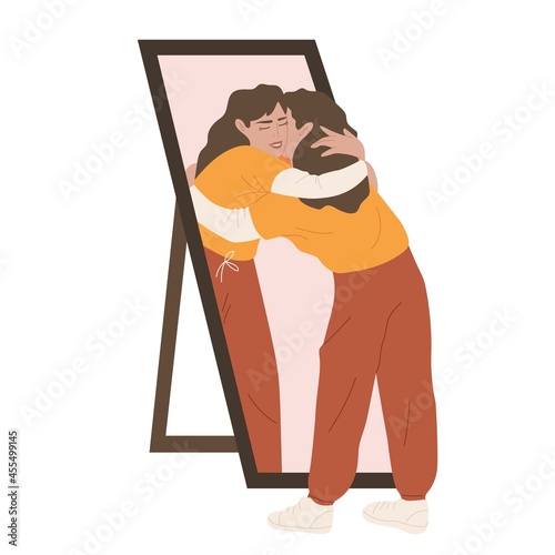 A woman embraces herself in the mirror. Emotional intelligence. Psychological concept. Mental health, psychology. Isolated vector design. Mind concept.