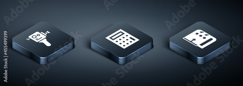 Set Isometric Retro cinema camera, Sound mixer controller and Calculator icon. Vector