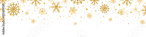 Golden snowflakes frame on long banner. Christmas gold celebration border. Happy New Year card. Snow fall. Winter design. Holiday background. Season greeting. Glitter luxury card. Vector illustration