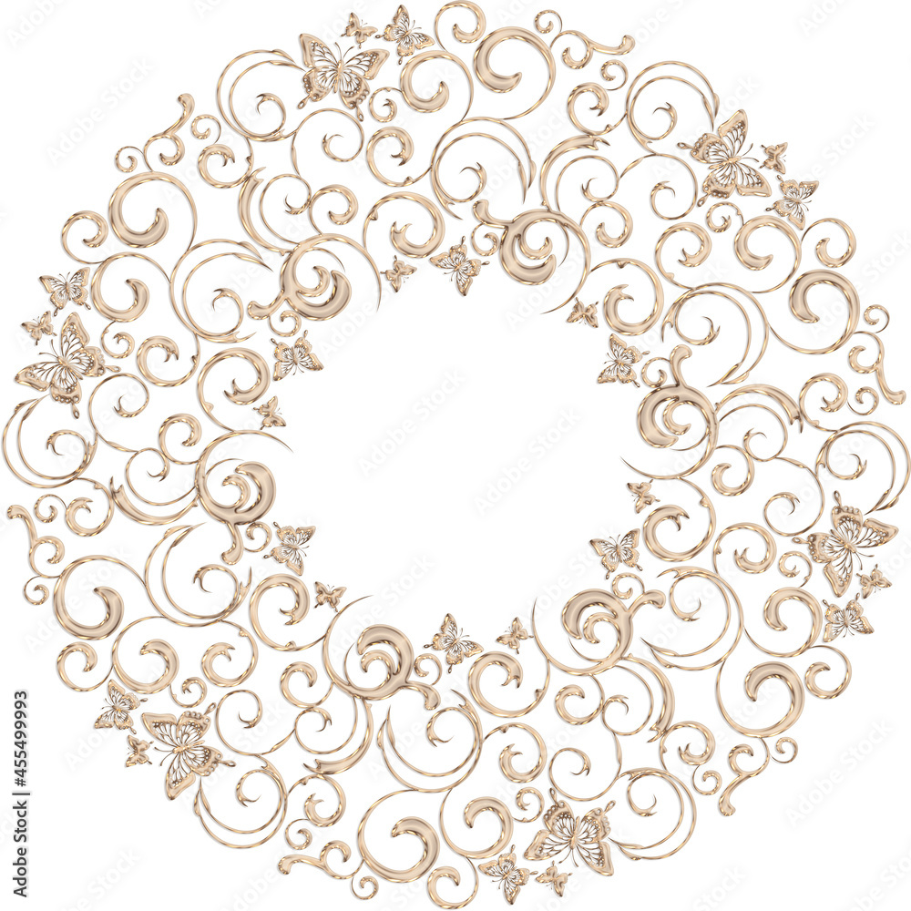 3D-image gold beige swirl rosette ornament with butterflies for ceiling decoration 3D-image gold beige swirl rosette ornament with butterflies for ceiling decoration