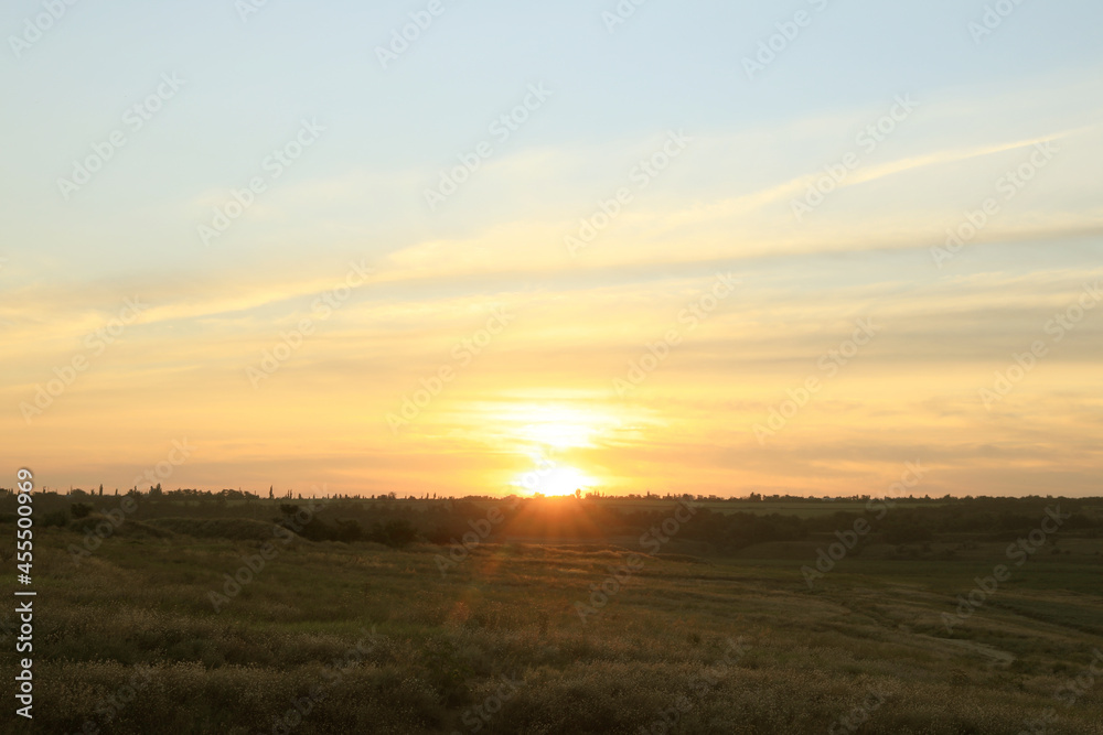 Picturesque view of beautiful countryside sunrise. Early morning landscape Picturesque view of beautiful countryside sunrise. Early morning landscape