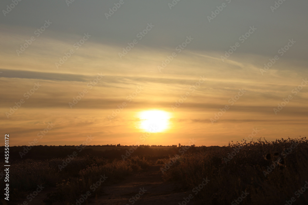 Picturesque view of beautiful countryside sunrise. Early morning landscape