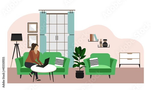 Girl working at home on a laptop, designer. Distance education, courses. Vector illustration. Modern, trendy, stylish interior.
