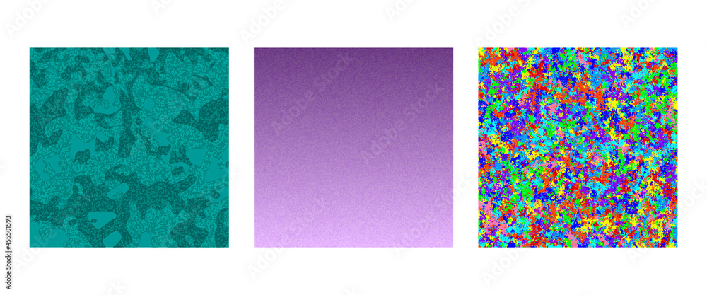 Set of abstract textures. Template for posters with green, gradient violet and colorful elements. For wallpaper, textile, wrapping, banner. Detailed vector illustration