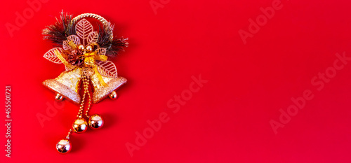 christmas and new year flat lay with copy space on red background