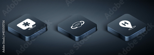 Set Isometric Location hospital, and Medical protective mask icon. Vector