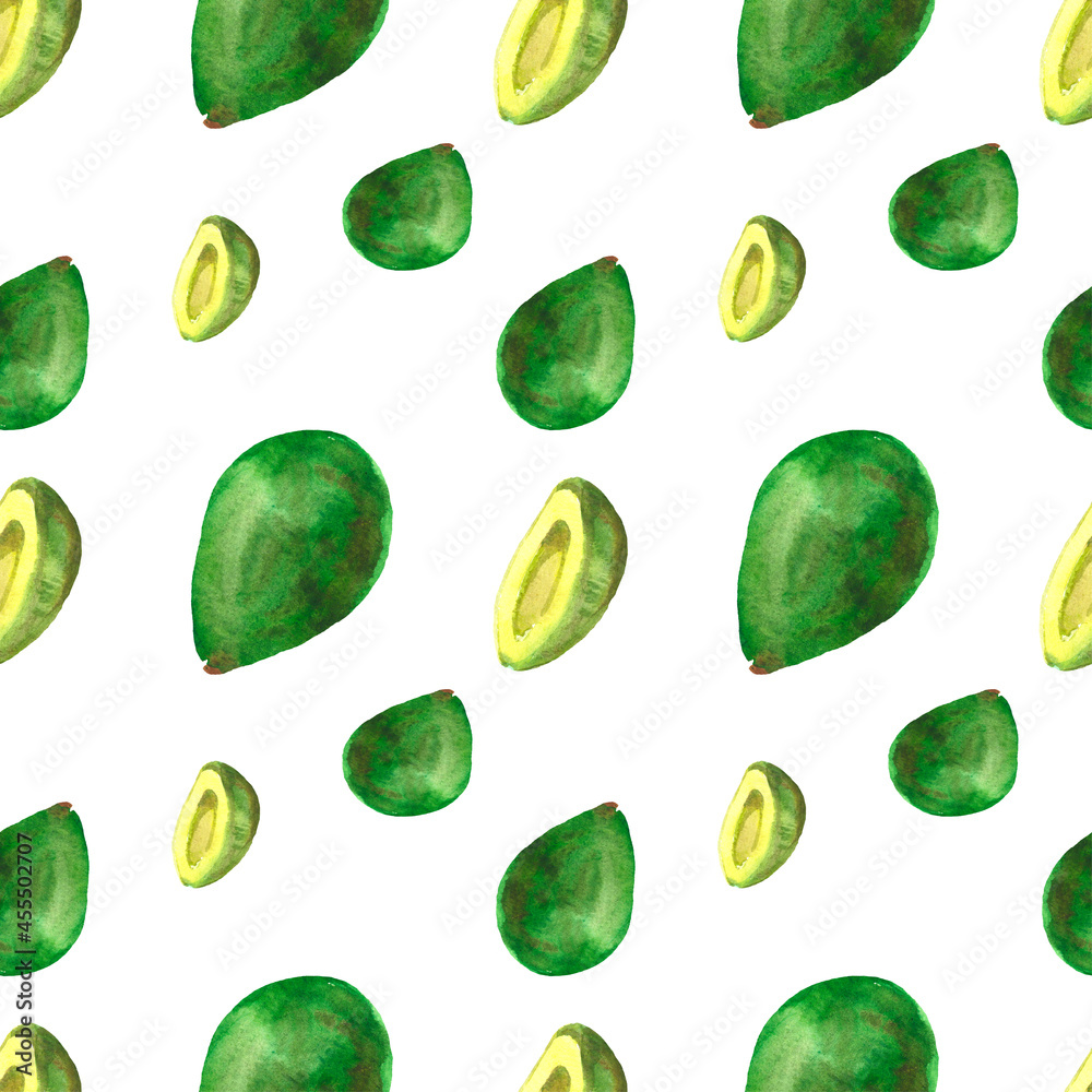 avocado pattern, watercolor illustration with avocado, green leaves and seeds, food.It is ideal for backgrounds, printing on paper, textiles. avocado pattern, watercolor illustration with avocado, green leaves and seeds, food.It is ideal for backgrounds, printing on paper, textiles.