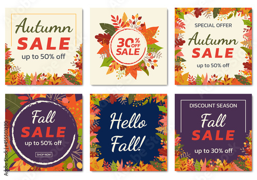 Autumn or Fall sale banner, background set with colorful leaves. Autumn discount, Hello Fall social media poster design templates with foliage frame. Vector illustration. 