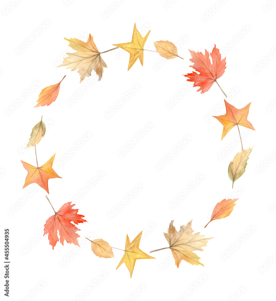 Watercolor autumn wreath of leaves. Circle fall frame. Perfect for the thanksgiving cards, invitation Watercolor autumn wreath of leaves. Circle fall frame. Perfect for the thanksgiving cards, invitation