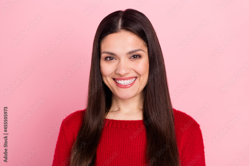 Fototapeta premium Photo of cheerful charming cute girl toothy beaming smile wear red sweater isolated pink color background