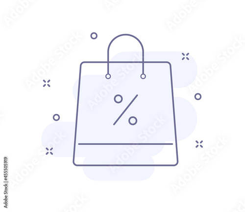 bag with percent outline vector illustration isolated on white. bag with percent purple line icon with light pink background and decorations. for web and ui design, mobile apps and print polygraphy