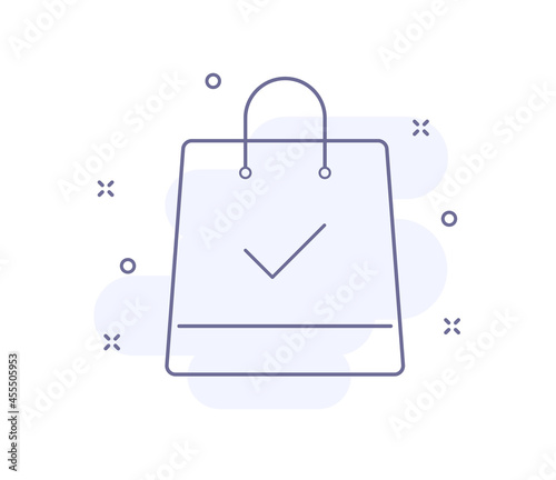 bag with tick outline vector illustration isolated on white. bag with check mark purple line icon with light pink background and decorations. for web and ui design, mobile apps and print polygraphy