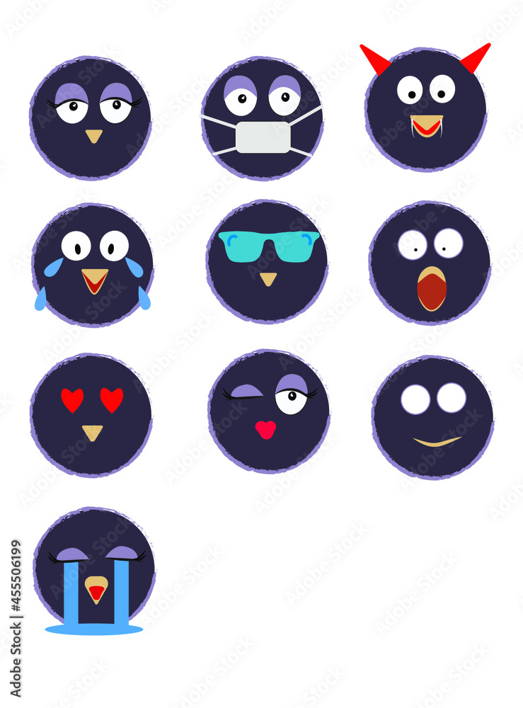 Funny vector set of birds emoji with different face expressions and mood. Funny vector set of birds emoji with different face expressions and mood.
