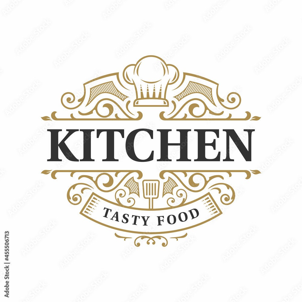 Kitchen restaurant vintage ornate typography logo design with chef hat symbol